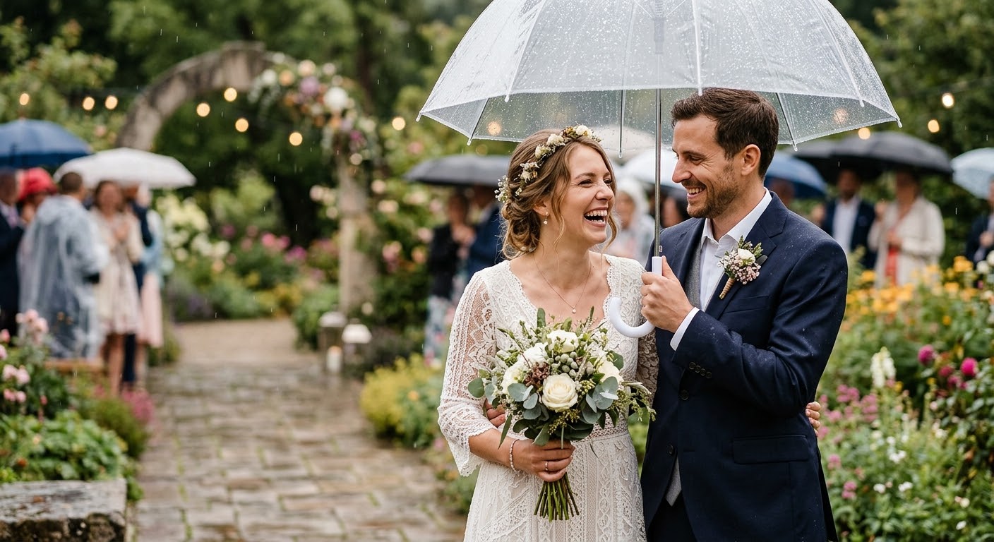 Brautpaar im Regen
